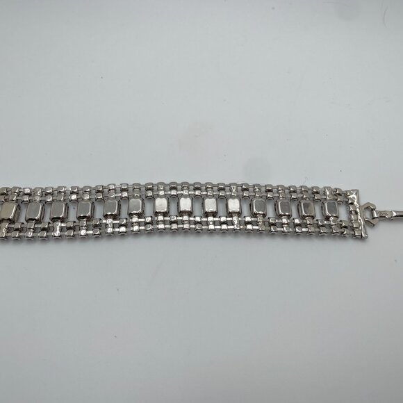 Vintage CORO RHINESTONE Bracelet Big Chunky Thick Large Emerald Cut Silver Tone - Picture 5 of 12